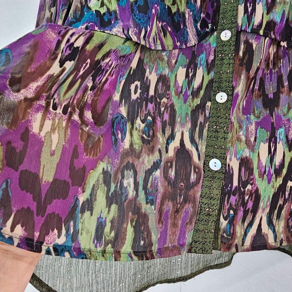 Fig & Flower Womens Sz M Green Purple Art Print Boho Blouse Hi Low Casual Top - Picture 4 of 15